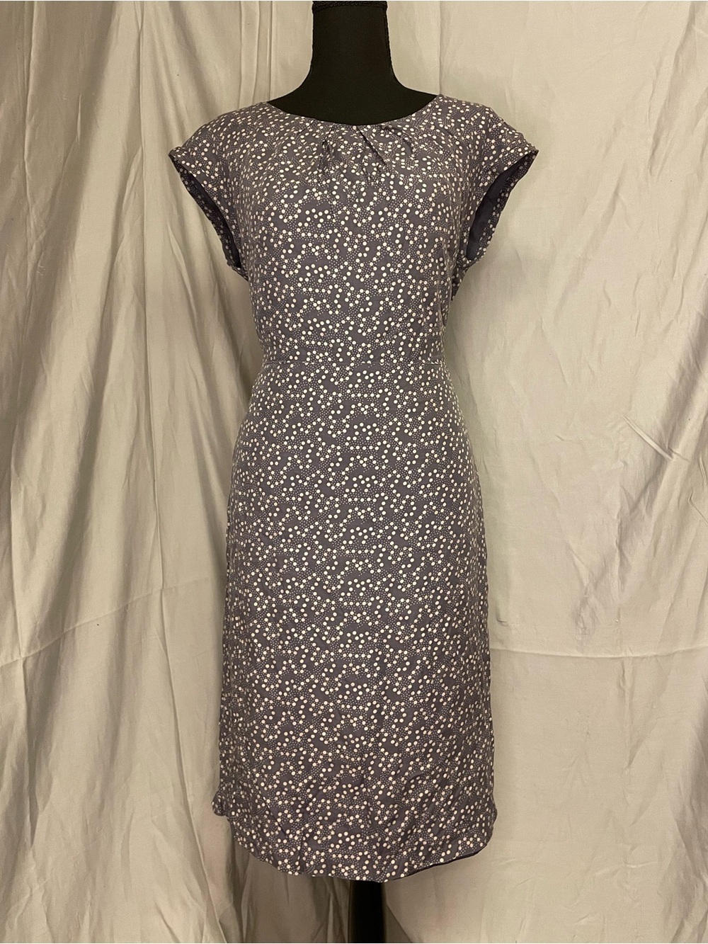 Boden Gray and White Dot Cap-Sleeve Sheath Silk Blend Tie Back Dress